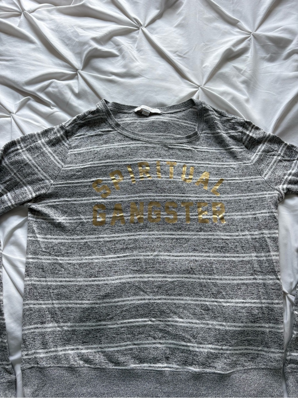 Spiritual Gangster Gray & White Striped Long Sleeve Top with Gold Logo Size M